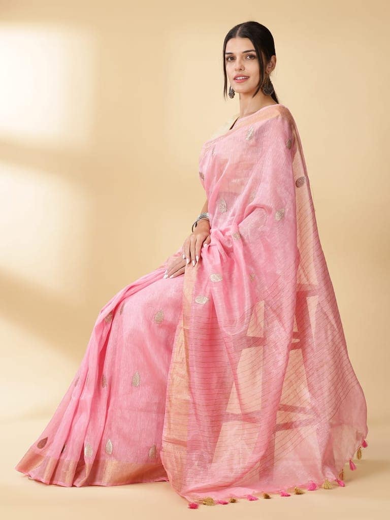 Silk Linen Banrasi Brocade Weaving Handloom Pink Saree With Blouse-2195 view 2