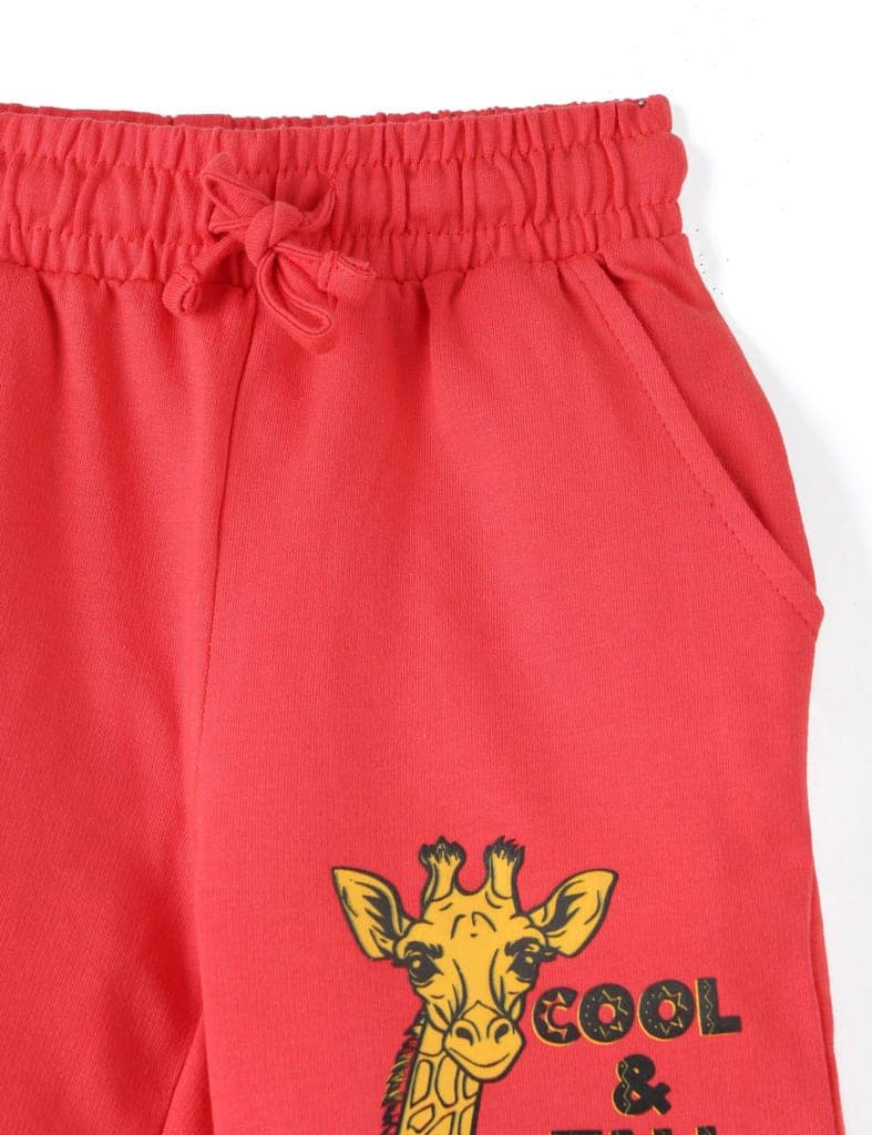Girls Shorts Cotton French Terry Hibiscus Red “Cool and Tall Giraffe” view 3