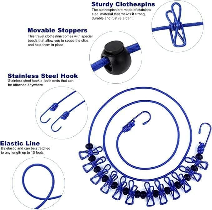 12 Feet Clothesline with 12 Heavy Duty Clothespins, Portable Travel Clothesline for Hotel, Laundry, Hiking, Camping, Outdoor and Indoor Use view 6
