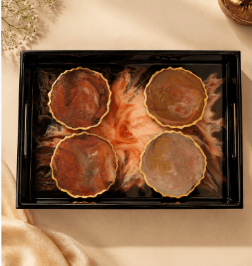 Handmade Resin Wooden Tray with 4 Coasters for Serving and Home Decor