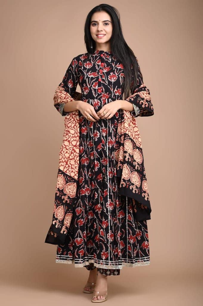 Anarkali Kurti Set Bagru Dabu HandBlock Print Melanzane Violet Color with natural dye and Mulmul Dupatta(Size: 34-48)-8415 view 2