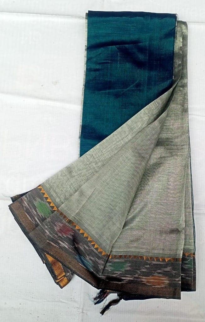 Green and Silver Striped Saree with Golden Border view 2