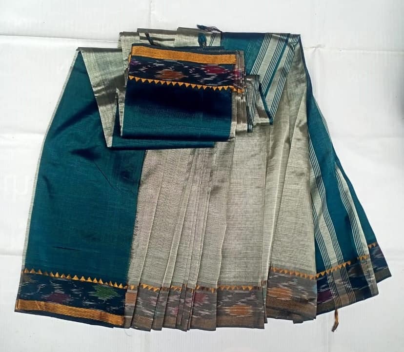 Green and Silver Striped Saree with Golden Border view 3