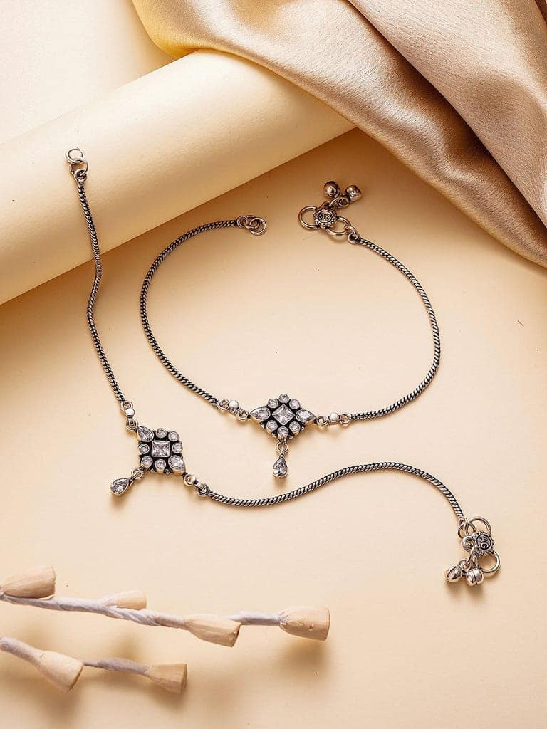 Silver Toned White Stones Geometric Charm Delicate Drop Detail Payal Anklet