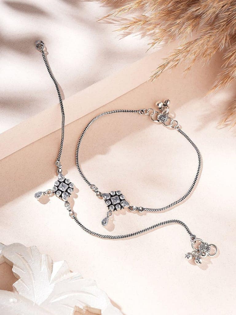 Silver Toned White Stones Geometric Charm Delicate Drop Detail Payal Anklet view 3