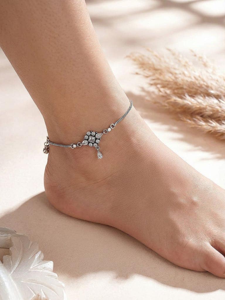 Silver Toned White Stones Geometric Charm Delicate Drop Detail Payal Anklet view 5