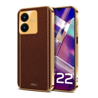 Vaku Luxos Luxemberg Back Cover for Vivo Y22 with Leather Pattern Gold Electroplated Soft TPU Cover Shockproof Protective Case - Brown