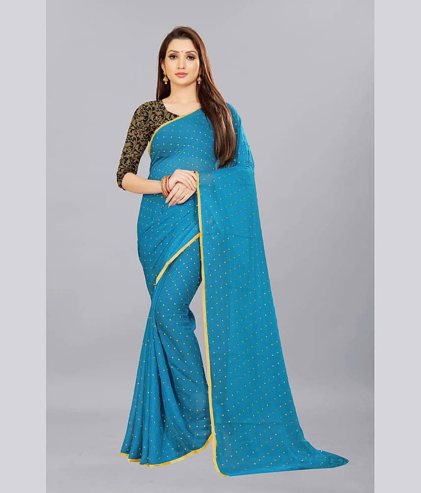 Rhey Chiffon Printed Saree With Unstitched Blouse Piece ( Blue )