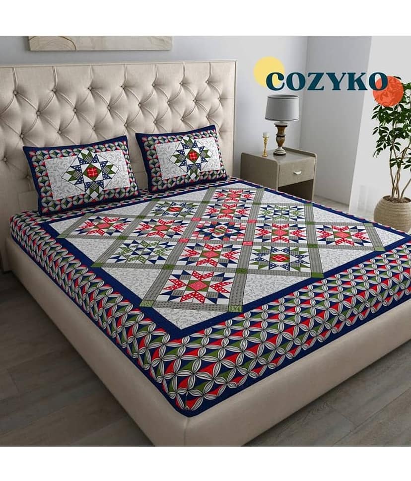 COZYKO Cotton 1 Double Bedsheet with 2 Pillow Covers ( Blue )