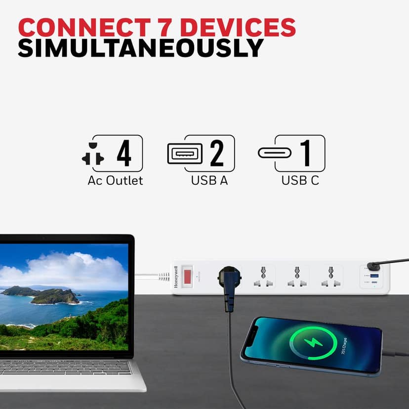 Honeywell 4 Outlet Surge Protector With 1xType C With PD & 2xUSB view 3