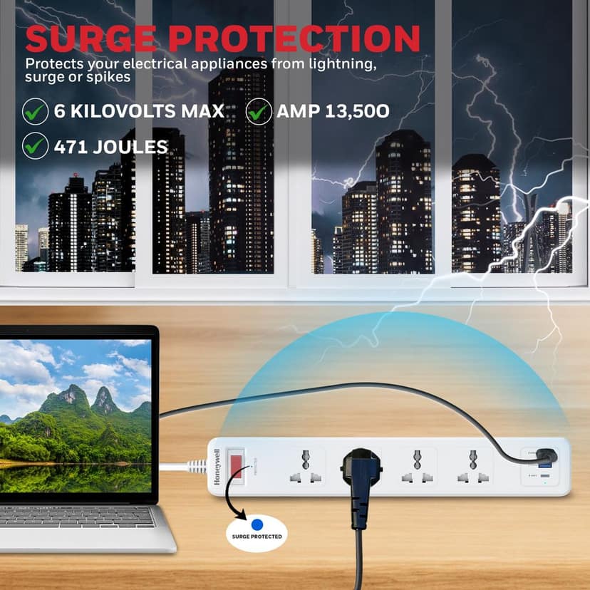 Honeywell 4 Outlet Surge Protector With 1xType C With PD & 2xUSB view 4