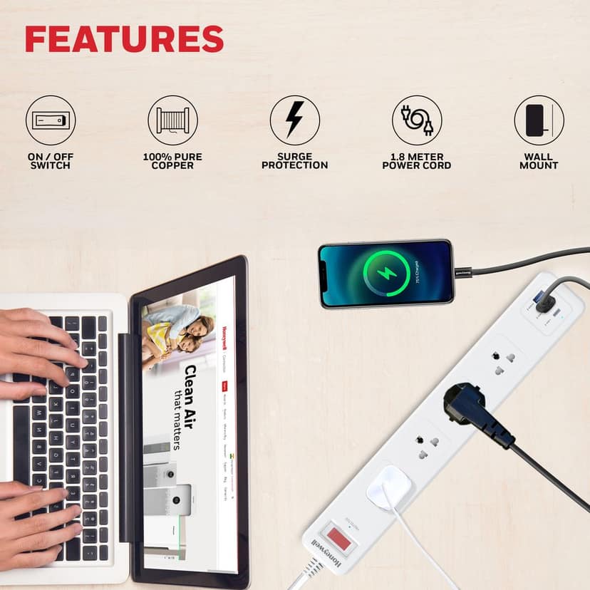 Honeywell 4 Outlet Surge Protector With 1xType C With PD & 2xUSB view 5