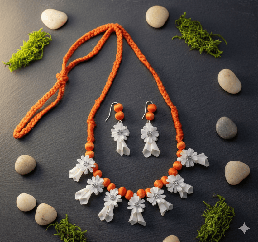 Small Fol & Ful Floral Jewelry Set | Handcrafted Orange Bead Necklace with White Flower Danglers | Lightweight Ethnic Wear view 2