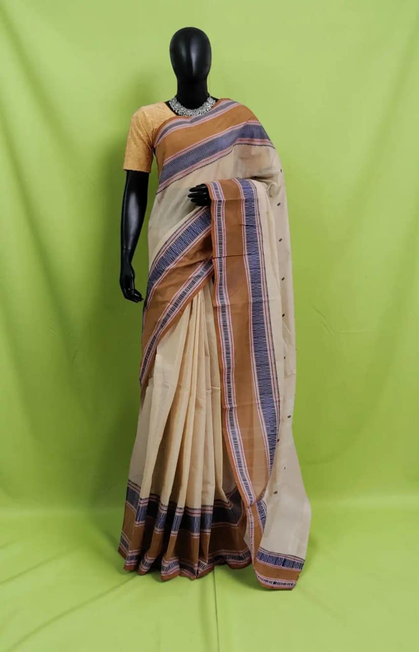 Handwoven Kanchipuram Cotton-Silk Saree in Tan with Blue Striped Border