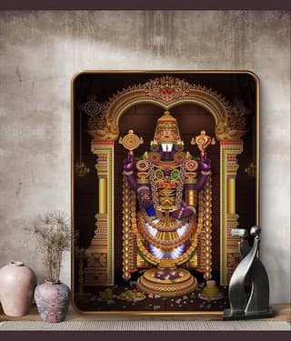 SAF Lord Venkateswara Balaji Wall Painting | Golden Frame Sparkle Laminated MDF Poster | Tirupati Balaji Hindu God Art for Home Temple Pooja Room | Spiritual Gift Decorative Wall Frame
