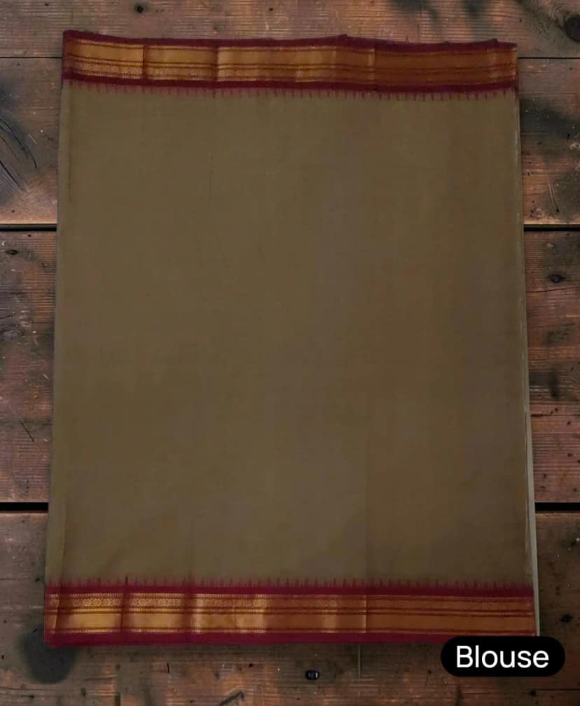 Handwoven Kanchipuram Cotton Saree in Khaki Brown with Temple Border view 5