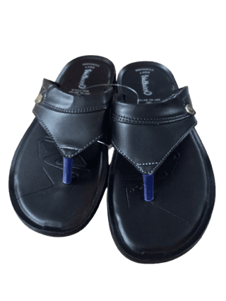Men's Black Leather Flip-Flops with Blue Stitching