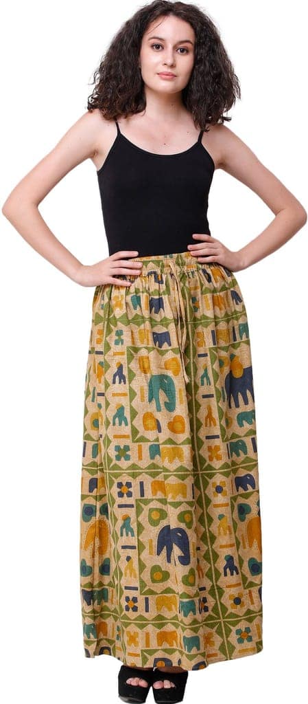 Italian-Straw Stone-Washed Long Elastic Skirt with Printed Elephants