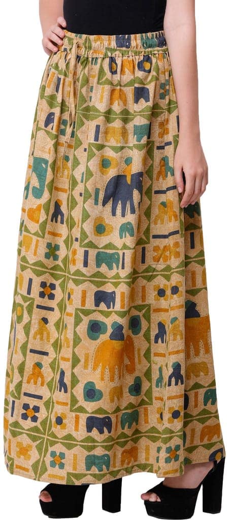 Italian-Straw Stone-Washed Long Elastic Skirt with Printed Elephants view 3