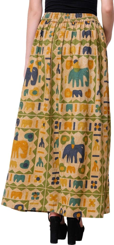 Italian-Straw Stone-Washed Long Elastic Skirt with Printed Elephants view 4