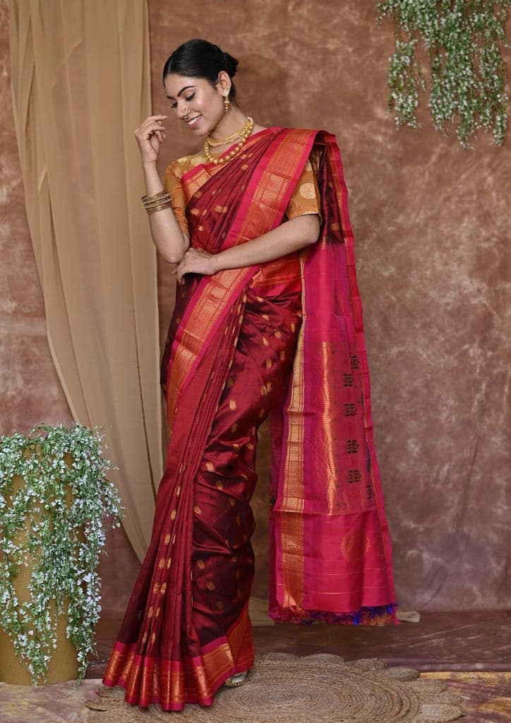Pure Silk Handloom Maharani Paithani -Maroon Saree With Pink Border And Chakra Buttis view 2