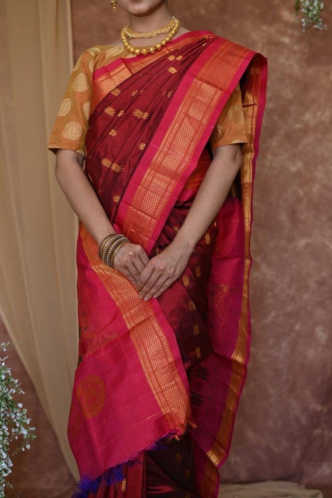 Pure Silk Handloom Maharani Paithani -Maroon Saree With Pink Border And Chakra Buttis view 3