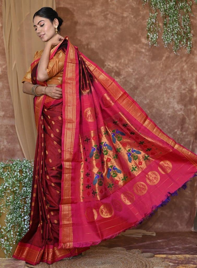 Pure Silk Handloom Maharani Paithani -Maroon Saree With Pink Border And Chakra Buttis view 4
