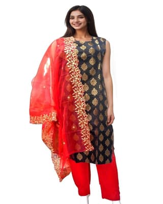 MyCOST Zari Weave Jacquard Festival wear Kurta Pant Dupatta Set, Sleeves attached