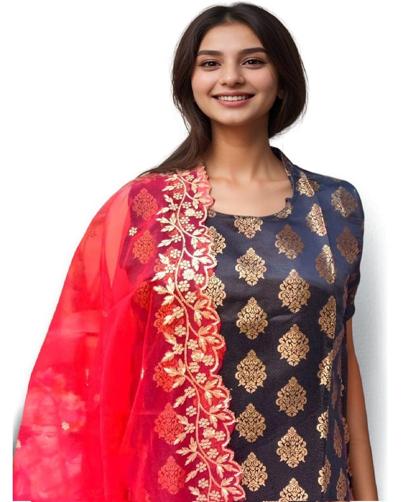 MyCOST Zari Weave Jacquard Festival wear Kurta Pant Dupatta Set, Sleeves attached view 5