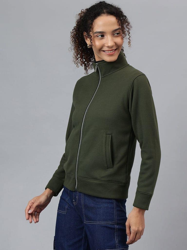 Richlook Women Olive Full Zipper Sweatshirt view 3