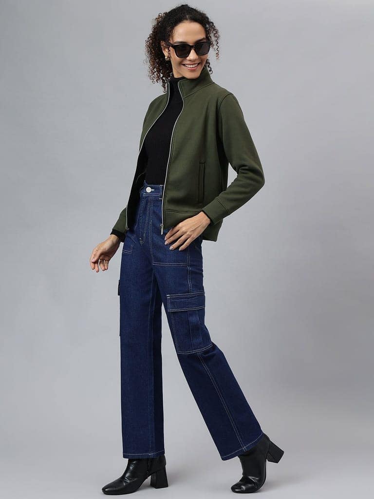 Richlook Women Olive Full Zipper Sweatshirt view 5