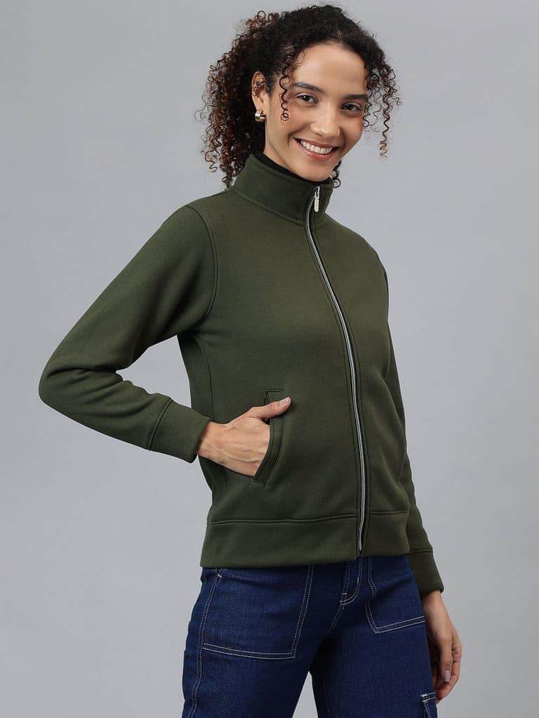 Richlook Women Olive Full Zipper Sweatshirt view 7