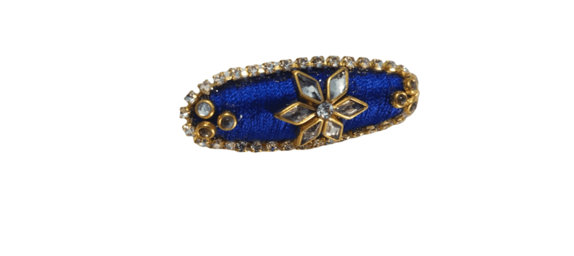 Elegant Blue Fabric SAREE Clip with Crystal Embellishments