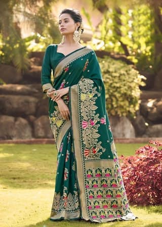 Woven Art Silk Saree in Dark Green