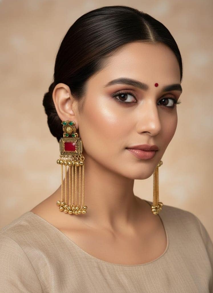 Gold Plated - Traditional Jhumka Earrings for Women | Antique Temple Design Long Dangler Earrings view 2