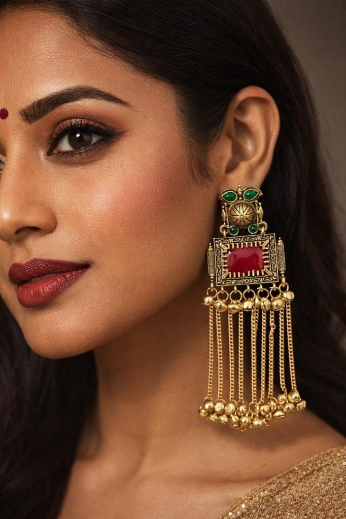 Gold Plated - Traditional Jhumka Earrings for Women | Antique Temple Design Long Dangler Earrings view 3