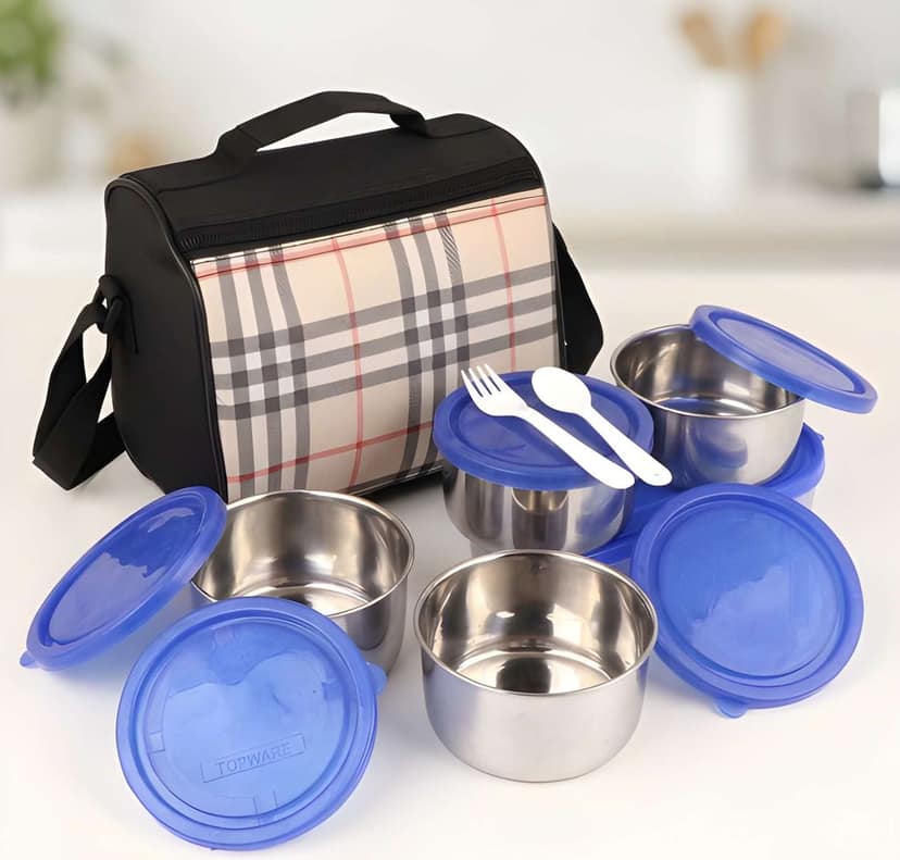 Topware 5 Container Lunch Box Set | Multi-Compartment Food Storage Lunch Box with Leak-Resistant Containers | Reusable Meal Prep & Office, School, Travel Lunch Box Bag Set (Original)