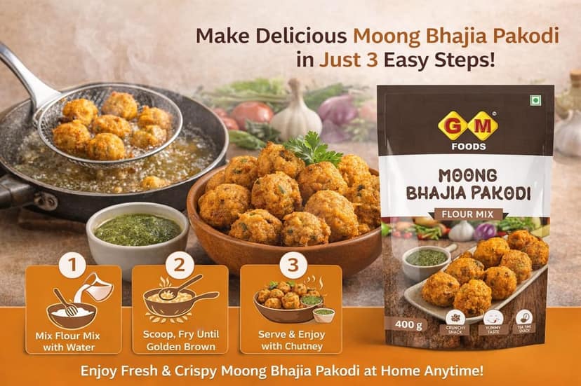 GM Foods Moong Dal Pakodi 400g (Pack of 2) | Instant Bhajia & Pakodi Mix for Breakfast | Crispy, Crunchy & Spicy Indian Snack | Ready to Cook | Made with Natural Ingredients | No Preservatives view 3