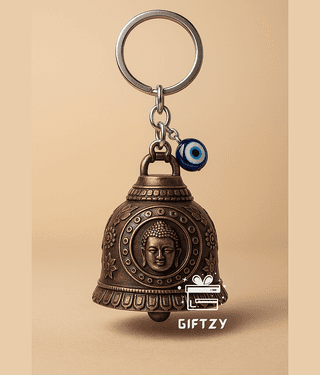 Buddha Guardian Bell Keychain with Evil Eye | Antique Red Finish Protective Lucky Bell for Riders | Spiritual Bike/Car Keyring & Gift for Men & Women
