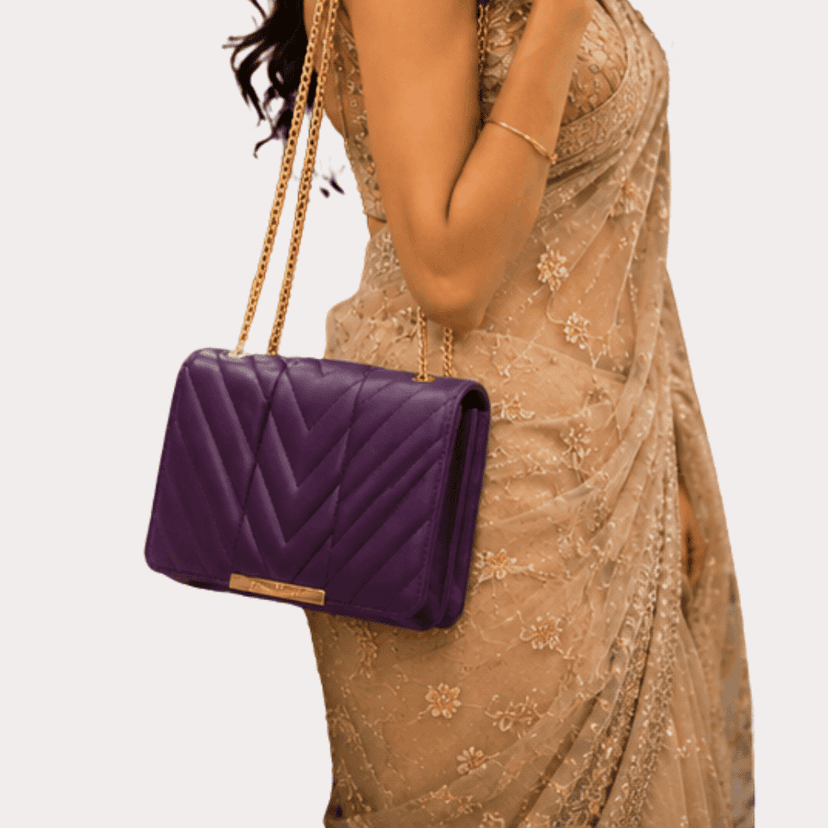 Elegant Purple Quilted Shoulder Bag with Gold Hardware view 2