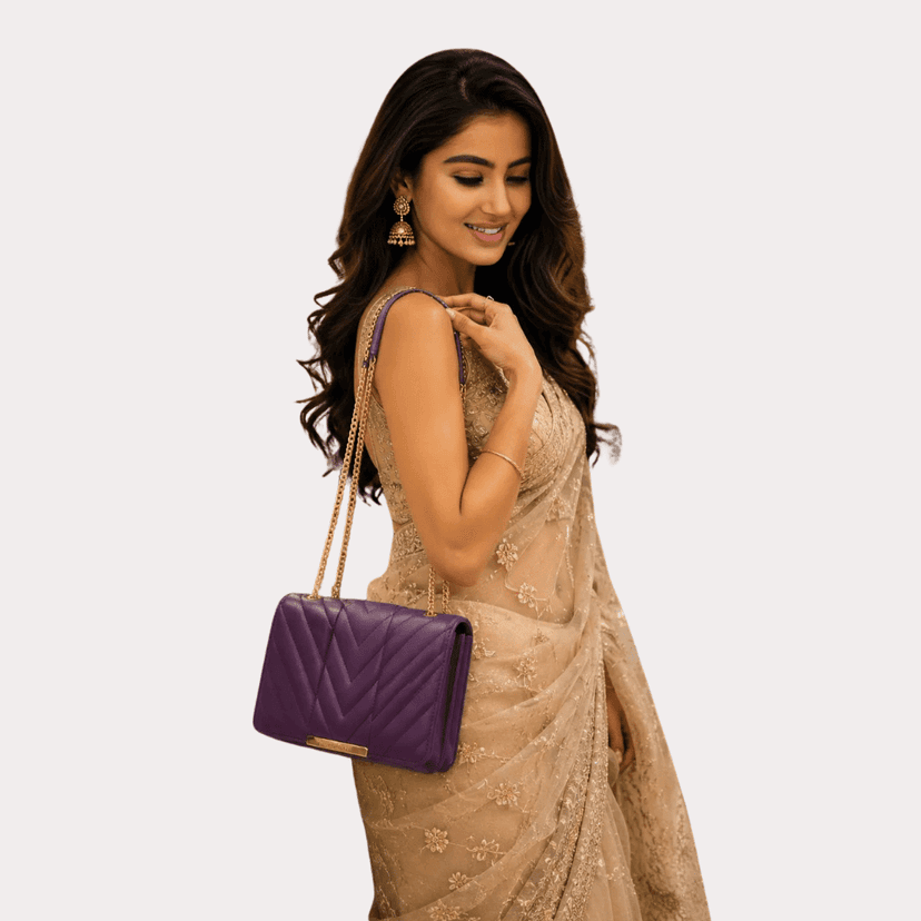 Elegant Purple Quilted Shoulder Bag with Gold Hardware view 3