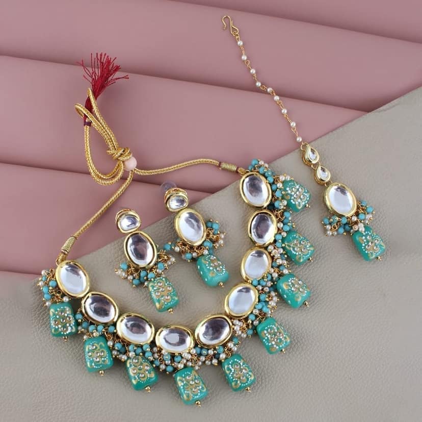 LUCKY JEWELLERY Back Meenakari 18k Gold Plated Mint Color Tika Earring Combo Uncut Big Faux Kundan Choker Necklace set