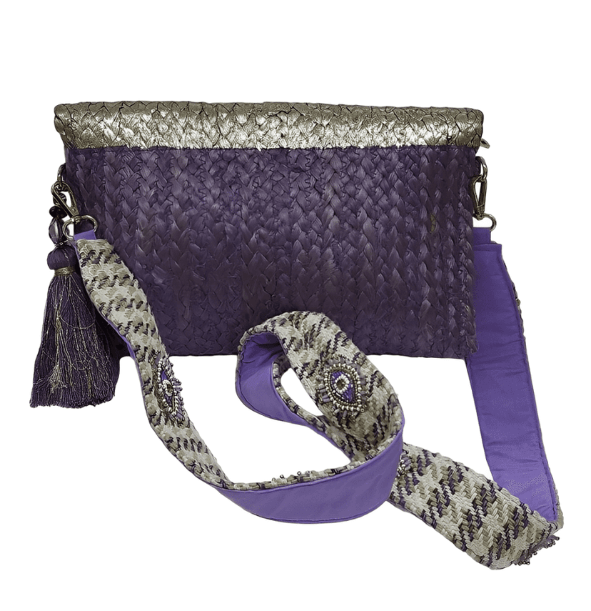 Coloured Foil Jute Sling Bag with Jaquard Handle and Beautiful Handmade Tassel view 3