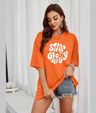Leotude Women Cotton Blend Printed Oversized Fit Round Neck T-Shirt ( Orange )