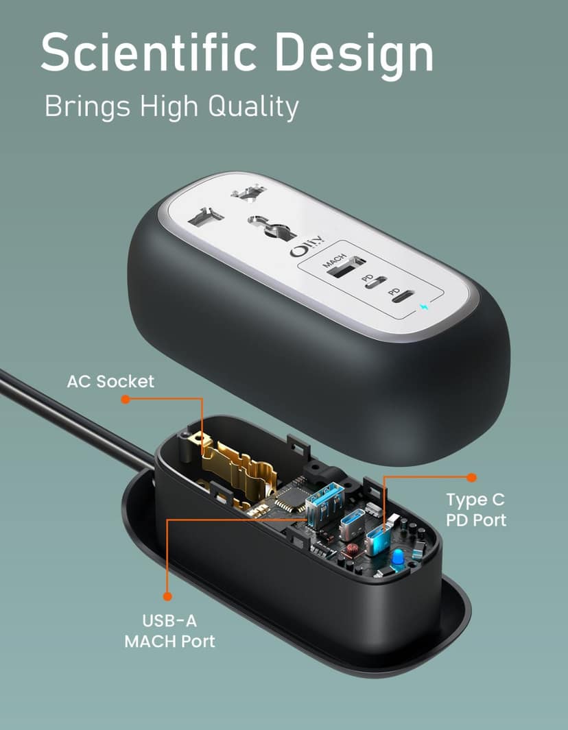 Olivlife 5-in-1 Desktop Power Strip Extension Board with 65W- USB-C PD Fast Charging, Multi Plug with 2 AC Sockets & 3 USB Ports | Fireproof PC+PVC Material for Home, Office & Travel - Black view 2