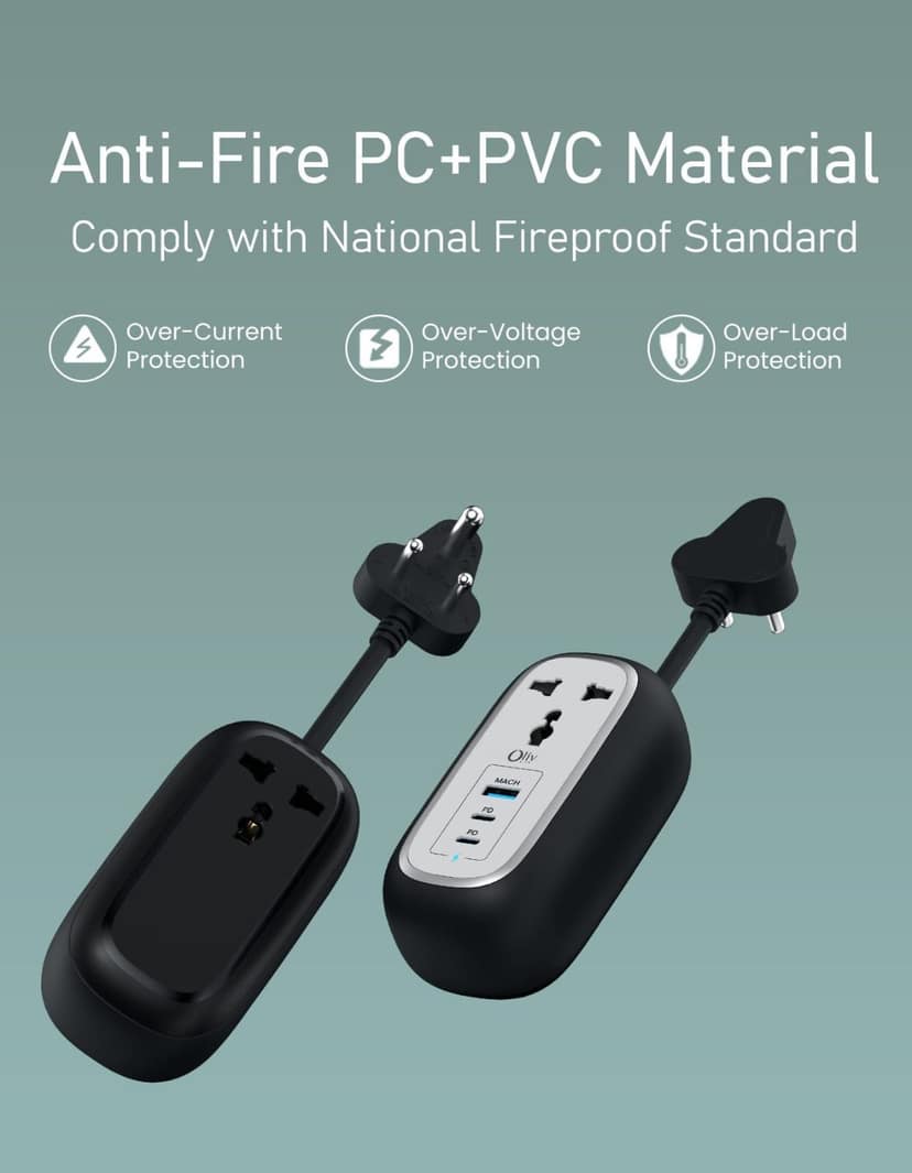 Olivlife 5-in-1 Desktop Power Strip Extension Board with 65W- USB-C PD Fast Charging, Multi Plug with 2 AC Sockets & 3 USB Ports | Fireproof PC+PVC Material for Home, Office & Travel - Black view 3