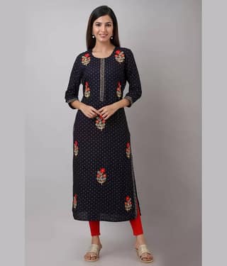 FABRR Rayon Printed Straight Women's Kurti - Navy Blue ( Pack of 1 )