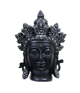 COPPERHOARD Black Silver Resin Tara Devi Goddess Tara Meditating Buddha Head Statue with Beautiful Smile and Crown for Home Decor and Gifting.
