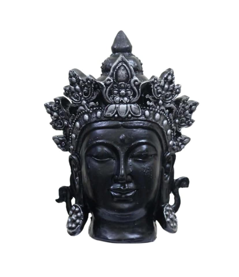 COPPERHOARD Black Silver Resin Tara Devi Goddess Tara Meditating Buddha Head Statue with Beautiful Smile and Crown for Home Decor and Gifting.