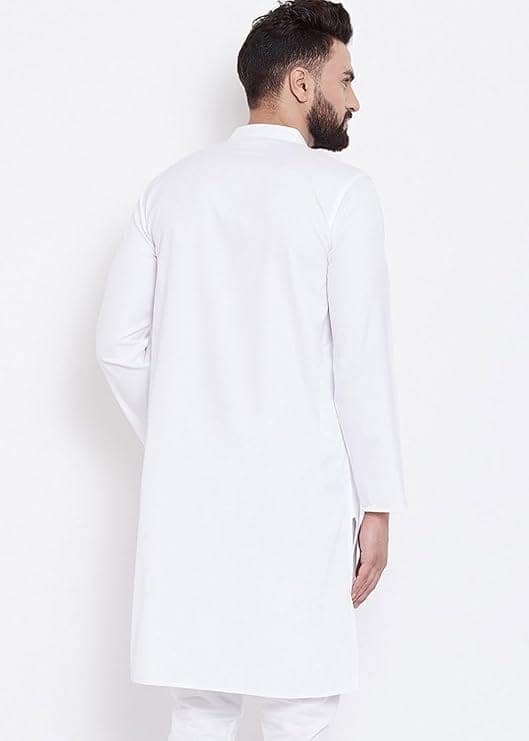 White Cotton Blend Long Kurta For Men view 3